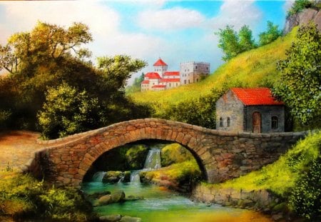 Rustic beauty - pretty, calm, quiet, stream, countryside, shore, riverbank, nice, art, houses, sky, greenery, stone, trees, water, beautiful, beauty, lovely, rustic, village, river, nature, painting, serenity, cottages, bridge