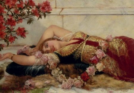 A Languid Harem Beauty by Emile Eisman-Semenowsky - yellow, dress, pink, Emile Eisman-Semenowsky, red, golden, art, odalisque, lazy, girl, beauty, flower, tree, smile, white, necklace, A Languid Harem Beauty, woman, painting, rose