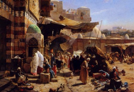 Market in Jaffa - people, city, buildings, market in jaffa, Gustav Bauernfeind, blue yellow, german painter, red, painting, art