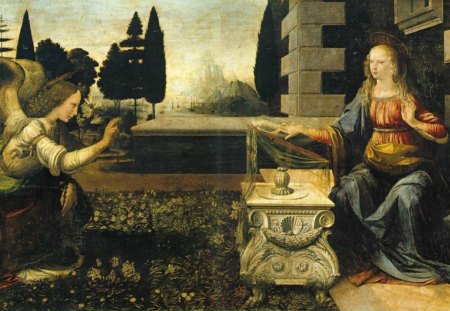 Annunciation - maria, yellow, blue, angel, flower, creature, fantasy, lilly, red, green, painting, garden, Annunciation, leonardo da vinci, art, virgin