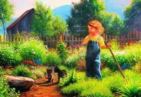 Working in the garden - nice, fun, freshness, trees, joy, kittens, greenery, path, painting, kitties, working, art, pretty, scent, grass, kid, fence, worker, summer, work, child, lovely, bushes, nature, cats, alley, beautiful, friends