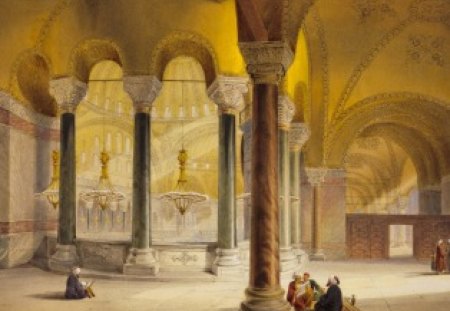 Hagia Sophia - yellow, people, church, hagia sophia, gaspard fossati, turkey, columns, painting, art