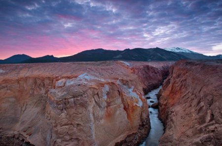 Canyon Volcano - clouds, landscape, scene, stream, river, sunset, nature, canyons, mountains, sky, wallpaper