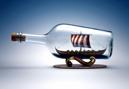 BOAT in BOTTLE - bottle, Vikings, cork coaster, sailboat, glass, vehicle