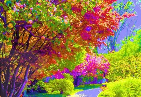 The Colors Of Spring - painting, trees, flowers, colors, brook, spring