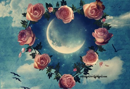 Vision of a Secret Dream - moon, roses, collage, heart, flower