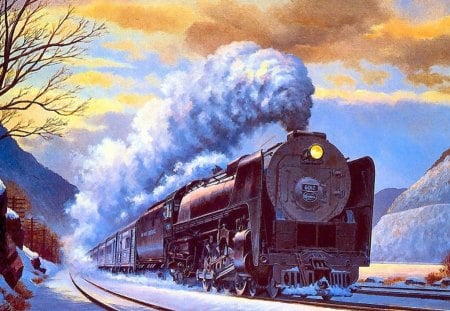 Winter Train - train, painting, howard fogg, snow