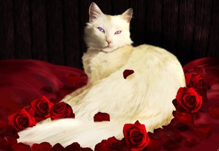 ✼.White Cat & Red Roses.✼ - pretty, roses, redroses, scents, drawings, gentle, flowers, red, white cat, beautiful, paintings, fragrance, digital art, lovely, love, cat, tender touch, aroma, cute, animals, kitty, softness