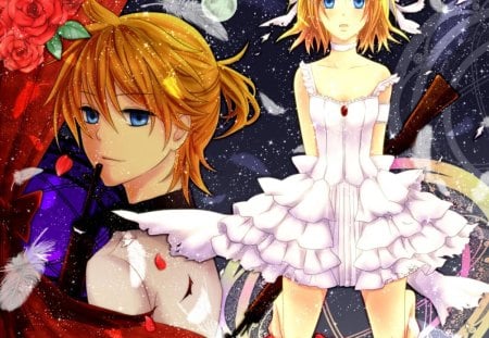 Rin & Len Kagamine - moon, anime, vocaloid, rin and len kagamine, guns, petals, stars, flowers, colorful, twins, feathers, sky