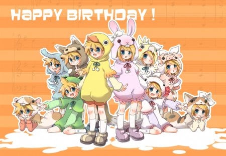 Happy Birthday Rin & Len!! - anime, vocaloid, rin and len kagamine, animal suits, bows, wink, colorful, musical notes, cute