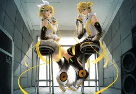 ~Sweet Duet~ - len and rin kagamine, stools, vocaloid, blonde, microphones, anime, twins, sitting, blue eyes