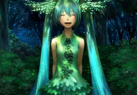 Hatsune Miku - anime, vocaloid, female, dress, hatsune miku, forest, green hair, plant, long hair, happy, hd, woods, anime girl, realistic, twintails, hot, girl, tree, cg, smile, nature, miku, funny, green, cute, hatsune, 3d, sexy, vocaloids