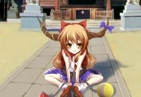 Ibuki Suika - house, brown eyes, anime, anime girl, female, kawaii, chain, brown hair, long hair, shrine, touhou, horn, hd, ibuki suika, cute, building