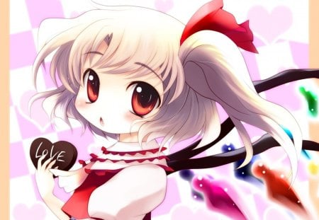 Flandre Scarlet - nice, female, wings, anime girl, red eyes, touhou, anime, short hair, cute, flandre scarlet, adorable, girl, twintails, chibi, lovely, kawaii, wing, sweet, fairy