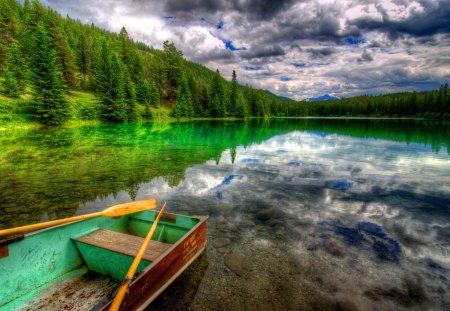 Boat in crystal waters - lakeshore, nice, sky, trees, riverbank, greenery, clear, mirrored, crystal, quiet, pretty, river, clouds, boat, lake, shore, lovely, nature, beautiful, waters