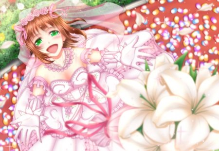 Wedding Bouquet - gown, flower, wedding, cute, happy, bouquet, wed, hot, anime girl, girl, floral, short hair, green eyes, veil, brown hair, anime, bride, dress, petals, sexy, smile, female