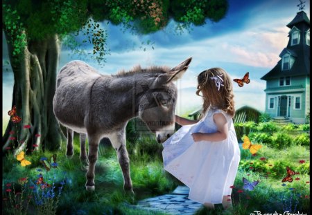 ..The Pony of Girl.. - girls, models, people, animals, wings, children, cool, digital art, grass, birds, flying, beautiful, leaves, sweet, childs, photomanipulation, sky, trees, female, emotional, fantasy, creative pre-made, rabbits, pretty, clouds, cute, butterflies, landscapes, lovely, plants, church, splendor, scenery, flowers, colors