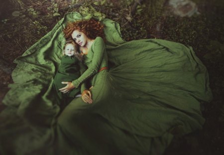 * - woman, son, mother, green, dress