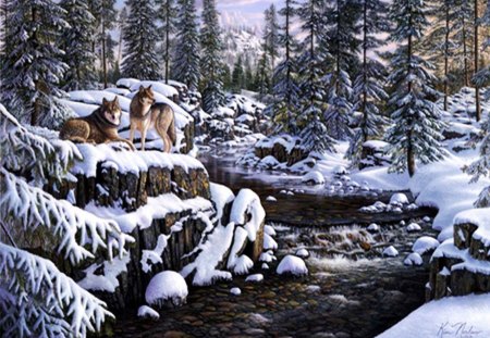 Wolves in Winter - painting, predator, forest, snow, stones, creek