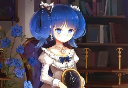 Cute girl - anime, blue, dress, girl, clock, flower, interior, hair, manga, white, glasses, rose, cute, bow