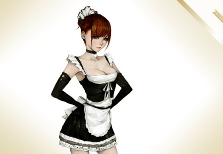 Maiden - game, anime, maiden, dress, girl, black, fantasy, white, redhead, woman, es, royal maid service, art, blue eyes