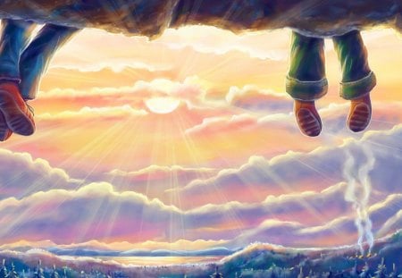 A beautiful sunset - anime, shoe, blue, camp, scene, forest, pink, view, sky, scenic, tree, village, manga, white, nature, sunset, green, cloud, smoke, feet