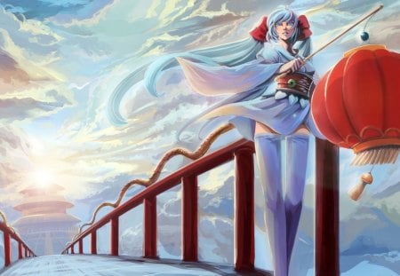 Hatsune Miku - hatsune miku, sky, art, haur, cloud, lantern, red, vocaloid, blue, anime, bridge, manga