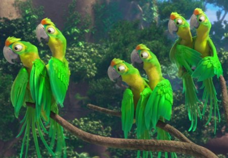 Green parrots - movie, branch, wings, leaf, bird, yellow, parrot, feather, disney, green, tree, pixar, rio