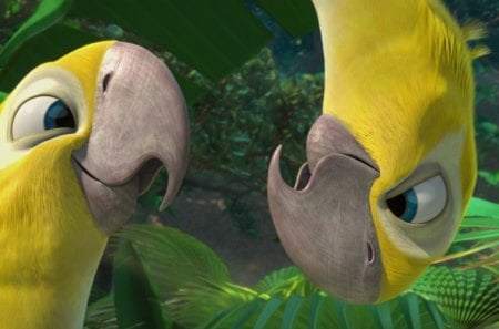 Hello! - funny, cute, bird, hello, parrot, pixar, rio, yellow, anime, movie, blue eyes, disney, jungle, green