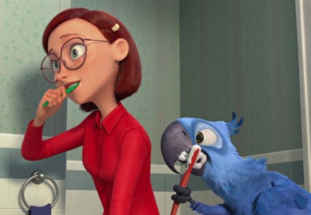 Now, brush your teeth like a good parrot! - red, funny, cute, bird, brush, parrot, pixar, rio, anime, girl, redhead, blue, teeth, movie, woman, disney