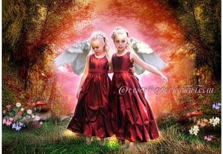 ✼.Red Binoculars Fairies.✼ - pretty, female, photomanipulation, flowers, fairies, plants, face, digital art, colors, hair, girls, lips, twins, wings, binoculars, butterfly, cute, animals, dresses, eyes, grass, leaves, forests, red, trees, beautiful, models, lovely, sweet, colorful, fantasy, mushroom, childs