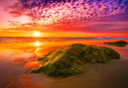 Amazing sunset - pretty, sundown, amazing, beach, light, reflection, sand, shore, nice, sky, clouds, sunlight, beautiful, sea, lovely, stones, nature, sunset, fiery, rocks