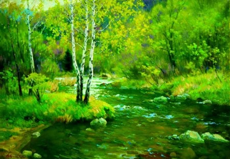 Forest creek - nice, trees, stream, greenery, painting, quiet, art, pretty, calmness, river, birch, green, grass, branches, summer, lovely, serenity, nature, woods, forest, beautiful, stones