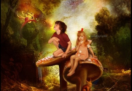 ✼.Sitting on the Mushroom.✼ - pretty, female, butterflies, flying, grass, photomanipulation, leaves, flowers, boy, male, forests, plants, sitting, woods, trees, beautiful, digital art, models, colors, lovely, cool, girls, fantasy, wings, mushroom, butterfly, cute, animals, childs