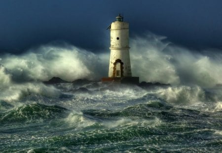 amazing lighthouse in ocean waves - lighthouse, surf, sea, waves, spray