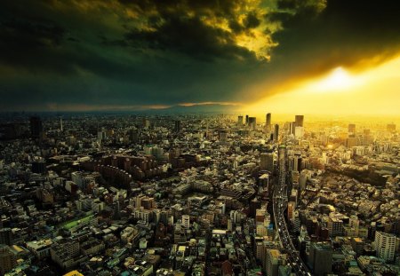 cityscape under a veil of sunset - highway, city, sunset, clouds