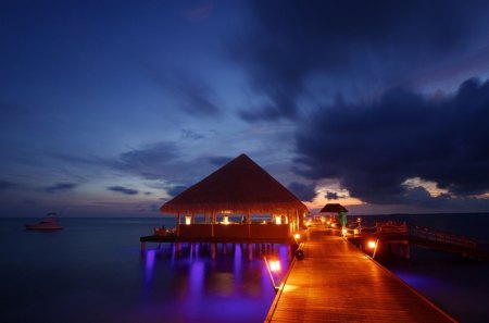 fantastic pier to a resort bungalow - lights, bungalow, boat, sea, night, pier