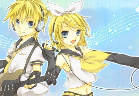 Len & Rin Kagamine - len and rin kagamine, microphone, guitar, twins, vocaloid, music, anime, instrument