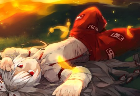 Fujiwara no Mokou - red eyes, long hair, touhou, pretty, laying, fujiwara no mokou, feathers, anime