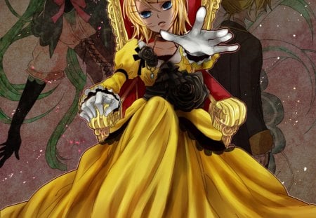 Wait Len!! - black roses, white gloves, chair, len and rin kagamine, vocaloid, beautiful, anime, dress