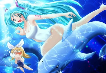 Hatsune & Rin Under The Sea - hatsune miku, ocean, swimming, light, bathing suits, rin kagamine, pretty, vocaloid, anime, dolphins, sea