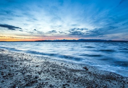 shiny beach at sundown - clouds, horizon, sundown, beach, sea