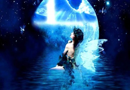 Blue Fairy Dreams - fantasy, water, moon, fairy, abstract