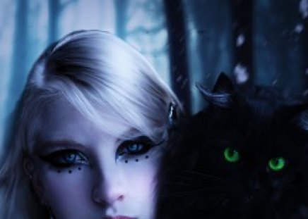 Winter Midnight - fantasy, winter, lady, cat, midnight