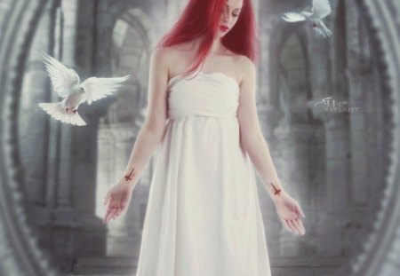 Satanist - white, lady, fantasy, pigeons, birds