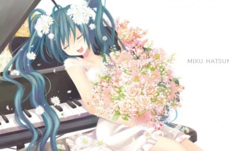 Hatsune Miku - sleeping, female, hot, sundress, anime girl, bouquet, piano, petals, anime, miku, cute, hatsune miku, sexy, girl, twintails, long hair, hatsune, vocaloids, sleep, floral, vocaloid, green hair, flower, dress