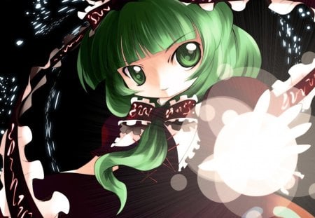 Kagiyama Hina - cute, anime girl, adorable, ribbon, magic, adore, green hair, kagiyama hina, touhou, kawaii, green eyes, dark, anime, darkness, long hair, chibi, female