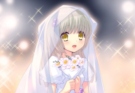 Bride Maid - nice, female, bride, anime girl, bouquet, sparks, anime, cute, yellow eyes, wedding, wed, veil, girl, long hair, lovely, glow, kawaii, floral, sweet, white hair, flower