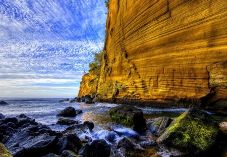 ROCKY BEACH - beach, huge, rock, ocean, stones