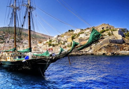 Greece - water, blue, beautiful, sea, sailboats, architecture, boats, nature, greece, houses, sky